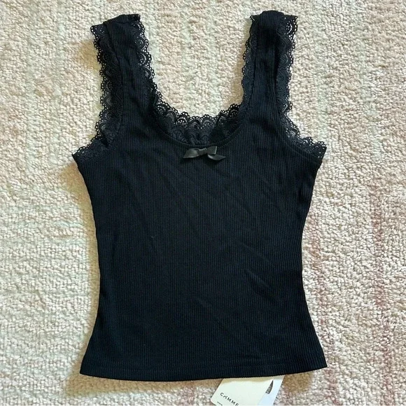 NWT Commense Lace Trim Crop Tank Top Ribbed Bow Front Size XS Black - Picture 3 of 10